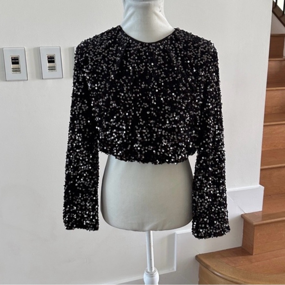 NWT Avec Les Filles Black Sequin Long Sleeve Crop Blouse.  Sz. XL